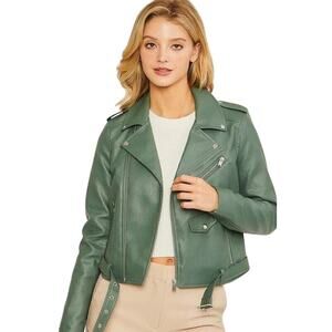 Blank NYC NWT Revolve Green Notched Collar Zip Up Faux Leather Moto Jacket Small